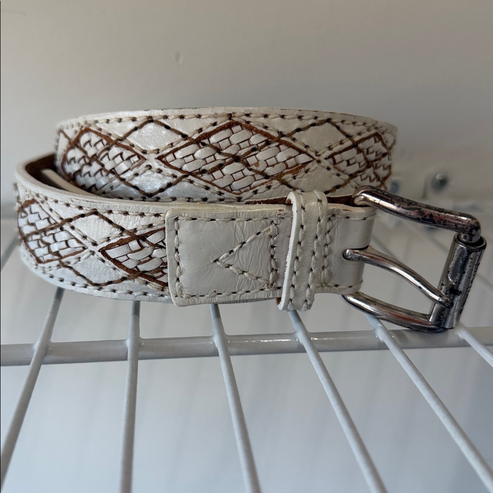 Distressed White Leather Belt with Silver Buckle